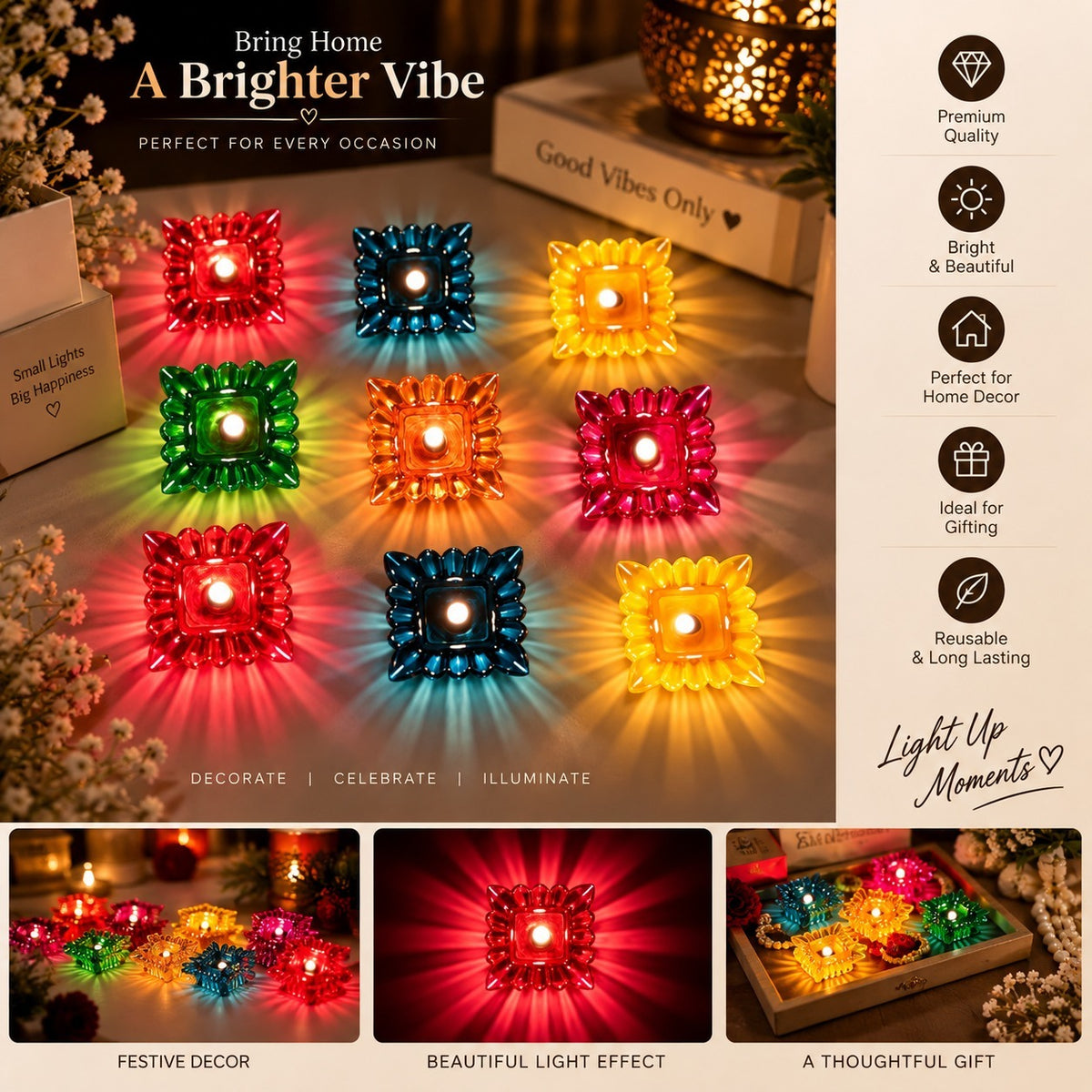Multicolour Diwali Diyas Colourful 3D 2 IN 1 Reflection Diya (Pack of 12) - CL-BA-11185